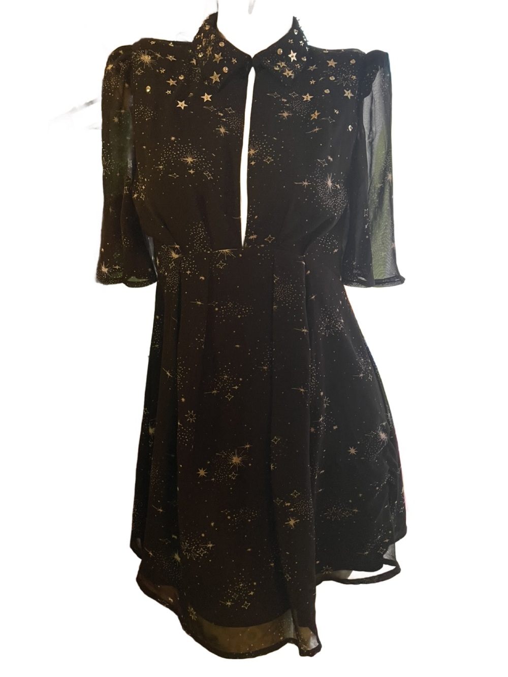 Topshop Black ✨ Celestial Star-Print bell Sleeve Fit & Flare Dress - Picture 4 of 11